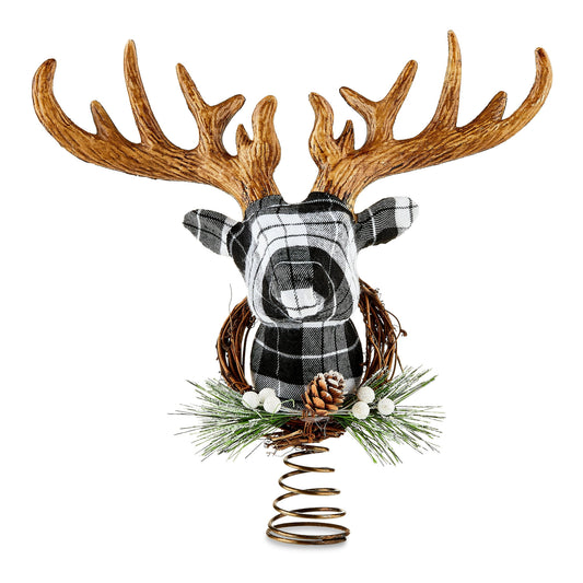 Black and White Plaid Wrapped Christmas Deer Head Tree Topper