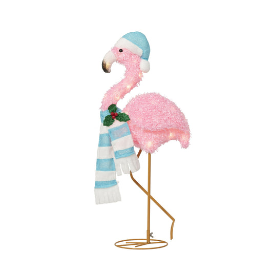 32 Inch Lighted Tropical Pink Flamingo with Blue Santa Hat Sculpture Decoration Pre Lit Display Outdoor Christmas Yard Decoration Garden Art Holiday Winter Display