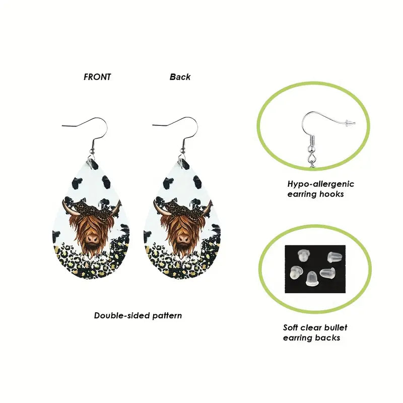 Yellow Sunflower Highland Cow Earrings, Sunflower Leopard Print Cow Earrings