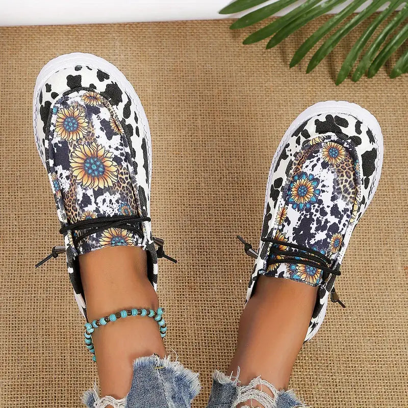 Women's Sporty Slip On Shoes For Women, Cow & Sunflower Pattern Lace-up Front Sneakers