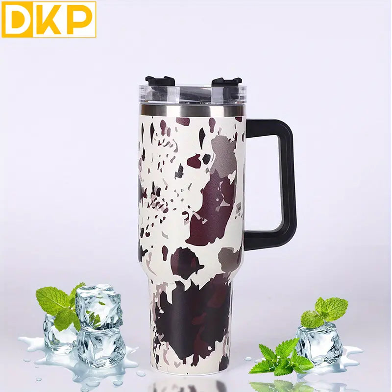DKP 5D White Cow Print Insulated Tumbler With Handle And Straw Lid, Portable Large Capacity Water Bottle, Heat Preservation 304 Stainless Steel Car Water Car Cup
