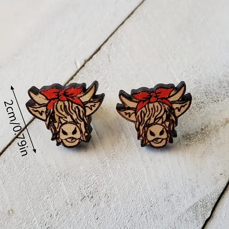 Highland Cow Head Red Bowknot Design Cute Stud Earrings Retro Bohemian Style Wooden Jewelry Daily Wear Ornaments