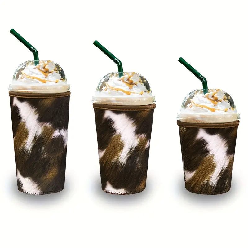 3pcs Stylish Reusable Fur Pattern Neoprene Cup Sleeve With Handle - Keeps Your Coffee Hotter for Longer
