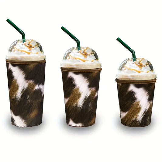 3pcs Stylish Reusable Fur Pattern Neoprene Cup Sleeve With Handle - Keeps Your Coffee Hotter for Longer