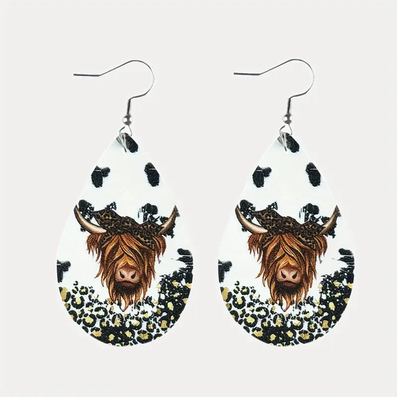 Yellow Sunflower Highland Cow Earrings, Sunflower Leopard Print Cow Earrings