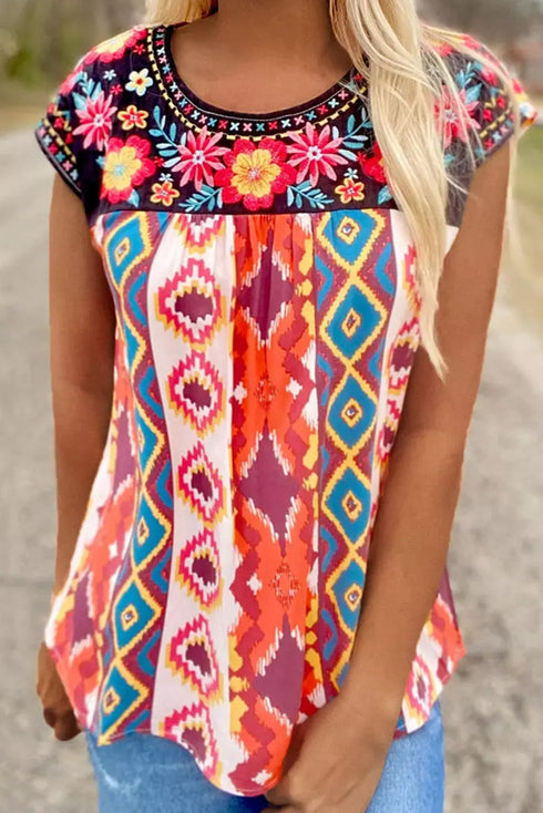Embroidered Floral Aztec Geometric Cap Sleeve Top