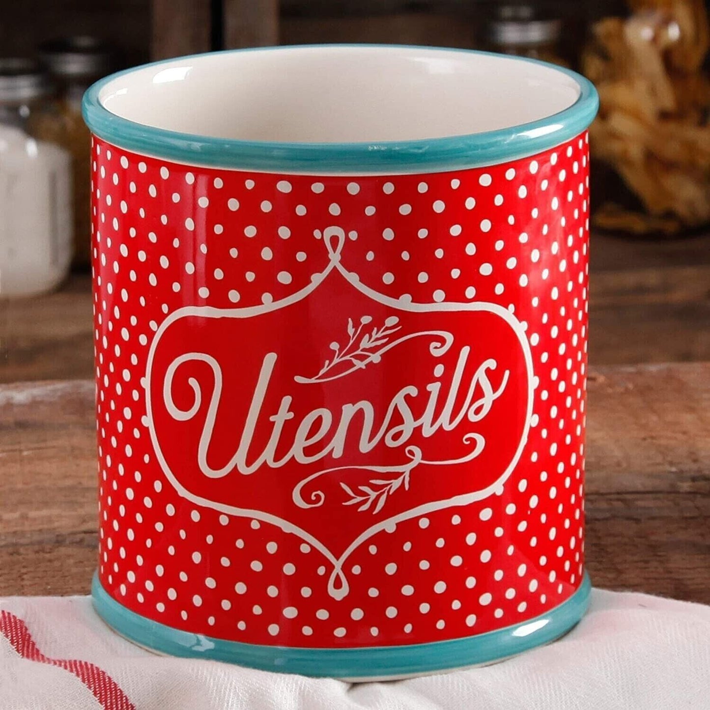 Pioneer Woman 6 1/2 x 7 Polka Dot Stoneware Utensil Canister